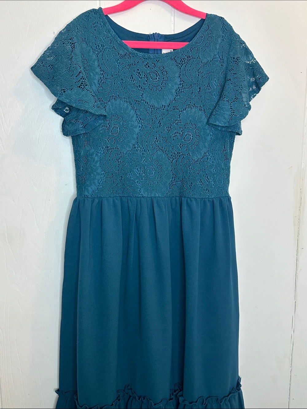 Girls Teal Lace-Top Tiered Formal Dress - Picture 2 of 7